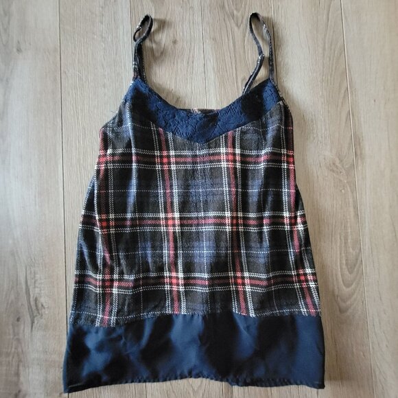 Mason & Mackenzie Y2K womens Plaid & Lace Navy Top XS Sheer Hemline Cami - Picture 3 of 13